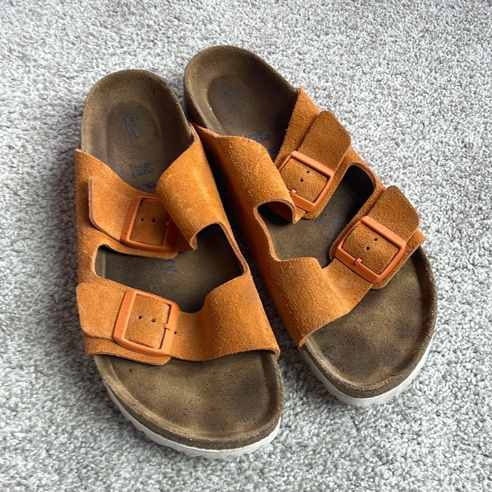 Orange suede Birkenstock Arizona soft footbed sandals, size 42